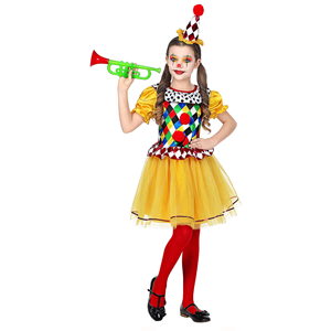 VESTITO CARNEVALE + ACCESSORI CLOWN COSTUME TROMBA SET TRUCCO CON NASO 8/10 ANNI TRAVESTIMENTO - 0695+4044N+2720T