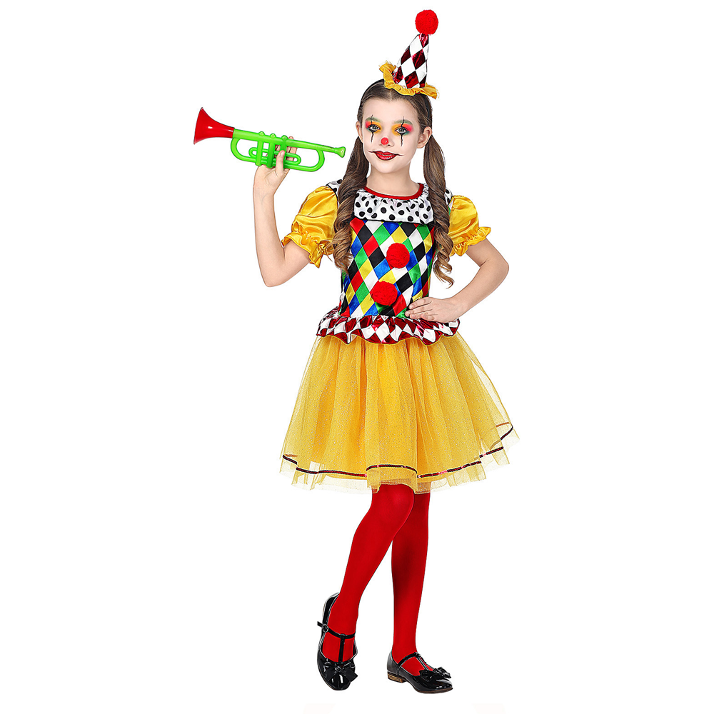 VESTITO CARNEVALE + ACCESSORI CLOWN COSTUME TROMBA SET TRUCCO CON NASO 8/10 ANNI TRAVESTIMENTO - 0695+4044N+2720T
