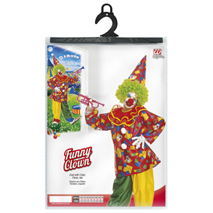 VESTITO CARNEVALE + ACCESSORI FUNNY CLOWN COSTUME PARRUCCA TROMBA SET TRUCCO CON NASO 2/13 ANNI TRAVESTIMENTO - 3858+4044N+74590+2720T