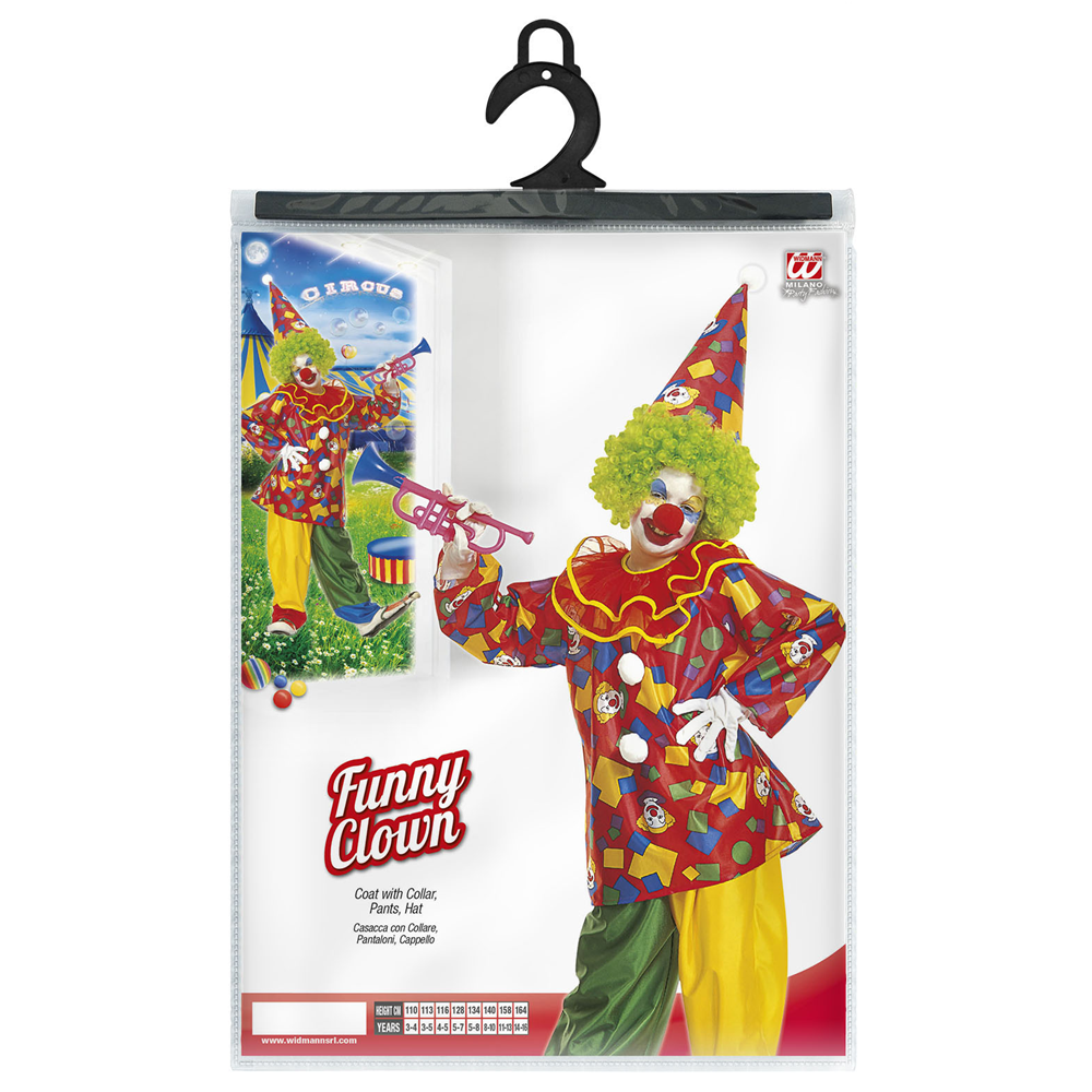 VESTITO CARNEVALE + ACCESSORI FUNNY CLOWN COSTUME PARRUCCA TROMBA SET TRUCCO CON NASO 2/13 ANNI TRAVESTIMENTO - 3858+4044N+74590+2720T