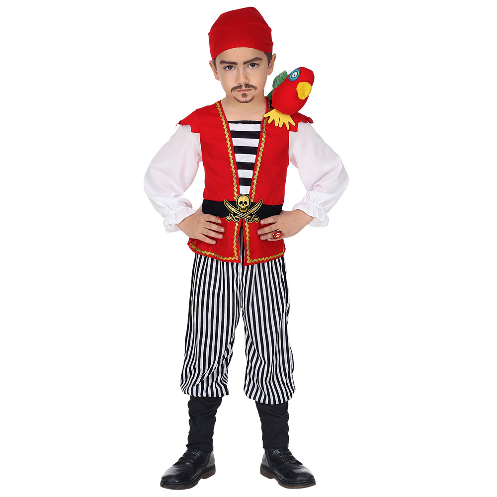 VESTITO CARNEVALE + ACCESSORI PIRATA COSTUME SCIABOLA SCUDO CAPPELLO TRAVESTIMENTO (4/5 ANNI)