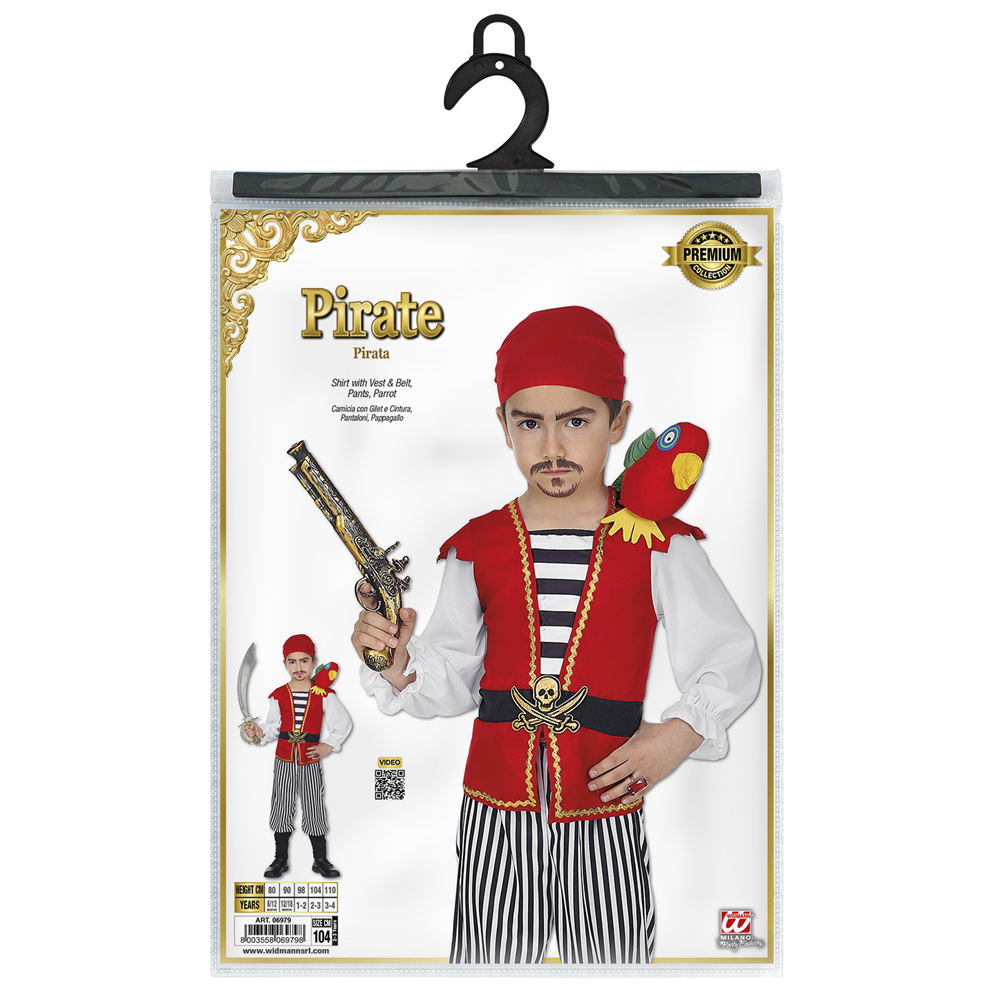 VESTITO CARNEVALE + ACCESSORI PIRATA COSTUME SCIABOLA SCUDO CAPPELLO TRAVESTIMENTO (4/5 ANNI)