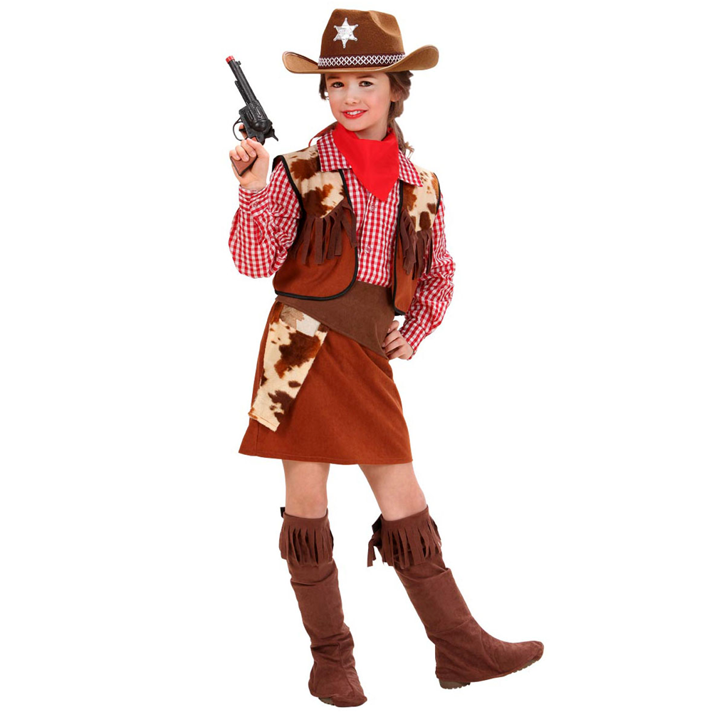 VESTITO CARNEVALE + ACCESSORI COWGIRL COSTUME CAPPELLO PISTOLA TRAVESTIMENTO (11/13 ANNI)