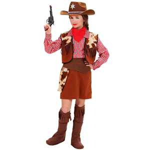 VESTITO CARNEVALE + ACCESSORI COWGIRL COSTUME CAPPELLO PISTOLA TRAVESTIMENTO (11/13 ANNI)