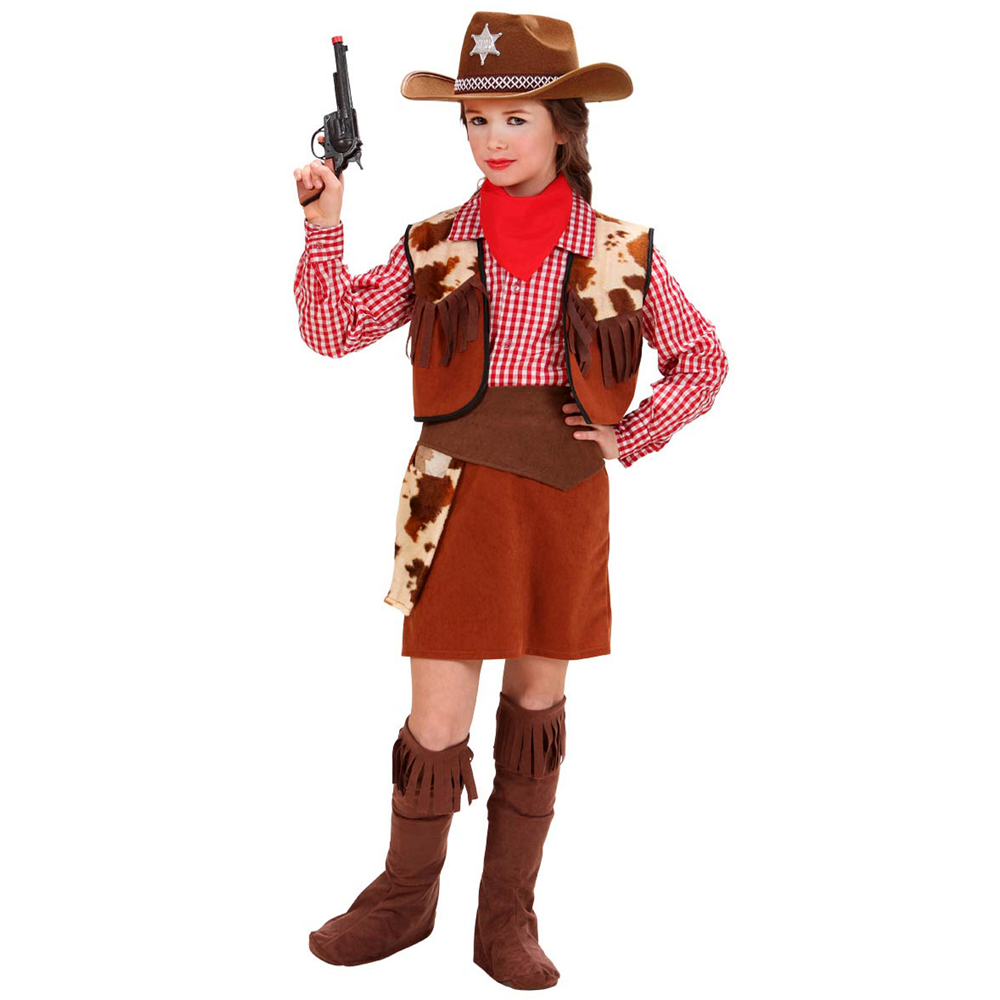 VESTITO CARNEVALE + ACCESSORI COWGIRL COSTUME CAPPELLO PISTOLA TRAVESTIMENTO (11/13 ANNI)