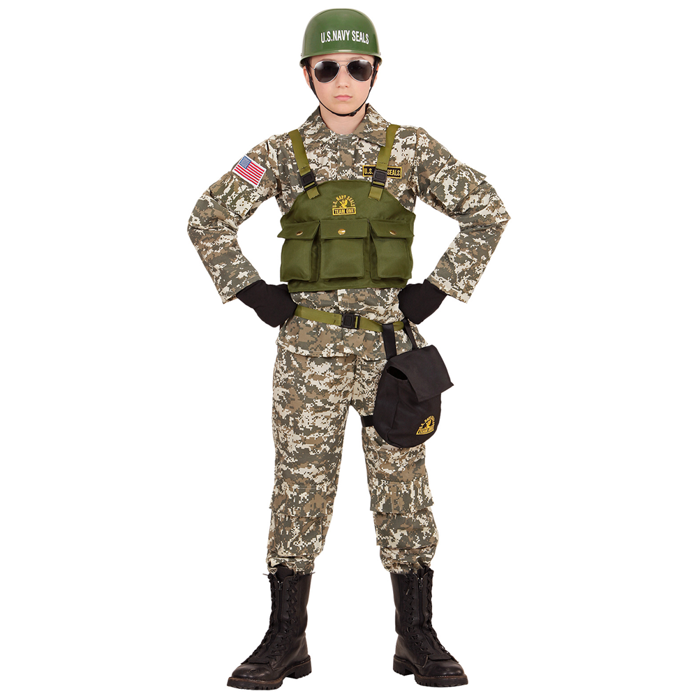 VESTITO CARNEVALE + ACCESSORI SOLDATO NAVY SEALS COSTUME ELMO FUCILE D'ASSALTO 11/13 ANNI TRAVESTIMENTO - 9684+7084M