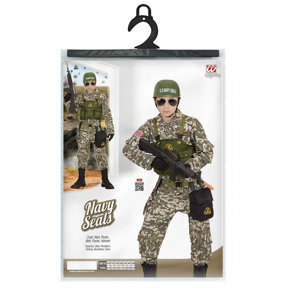 VESTITO CARNEVALE + ACCESSORI SOLDATO NAVY SEALS COSTUME ELMO FUCILE D'ASSALTO 11/13 ANNI TRAVESTIMENTO - 9684+7084M