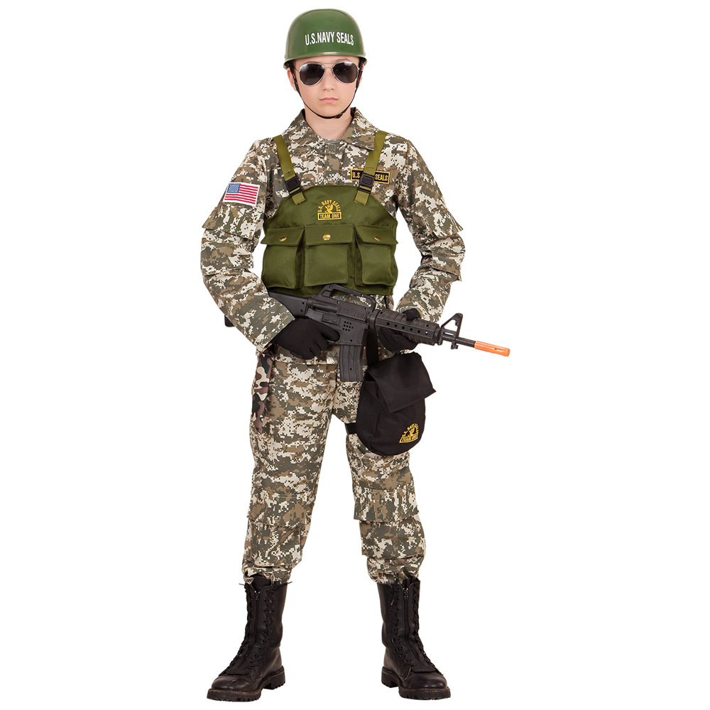VESTITO CARNEVALE + ACCESSORI SOLDATO NAVY SEALS COSTUME ELMO FUCILE D'ASSALTO 11/13 ANNI TRAVESTIMENTO - 9684+7084M