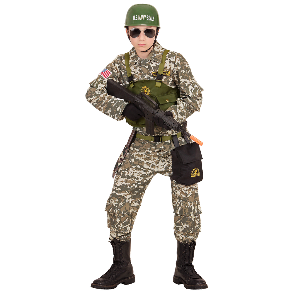 VESTITO CARNEVALE + ACCESSORI SOLDATO NAVY SEALS COSTUME ELMO FUCILE D'ASSALTO 11/13 ANNI TRAVESTIMENTO - 9684+7084M