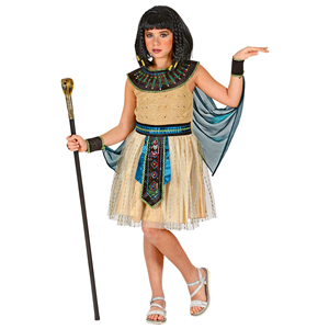 VESTITO CARNENALE + ACCESSORI REGINA EGIZIANA VESTITO BASTONE PARRUCCA TRAVESTIMENTO (8/10 ANNI)