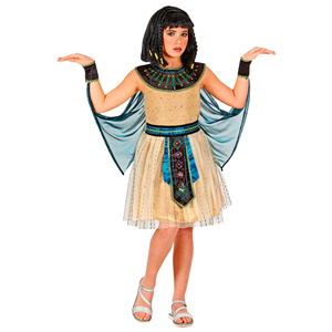 VESTITO CARNENALE + ACCESSORI REGINA EGIZIANA VESTITO BASTONE PARRUCCA TRAVESTIMENTO (8/10 ANNI)