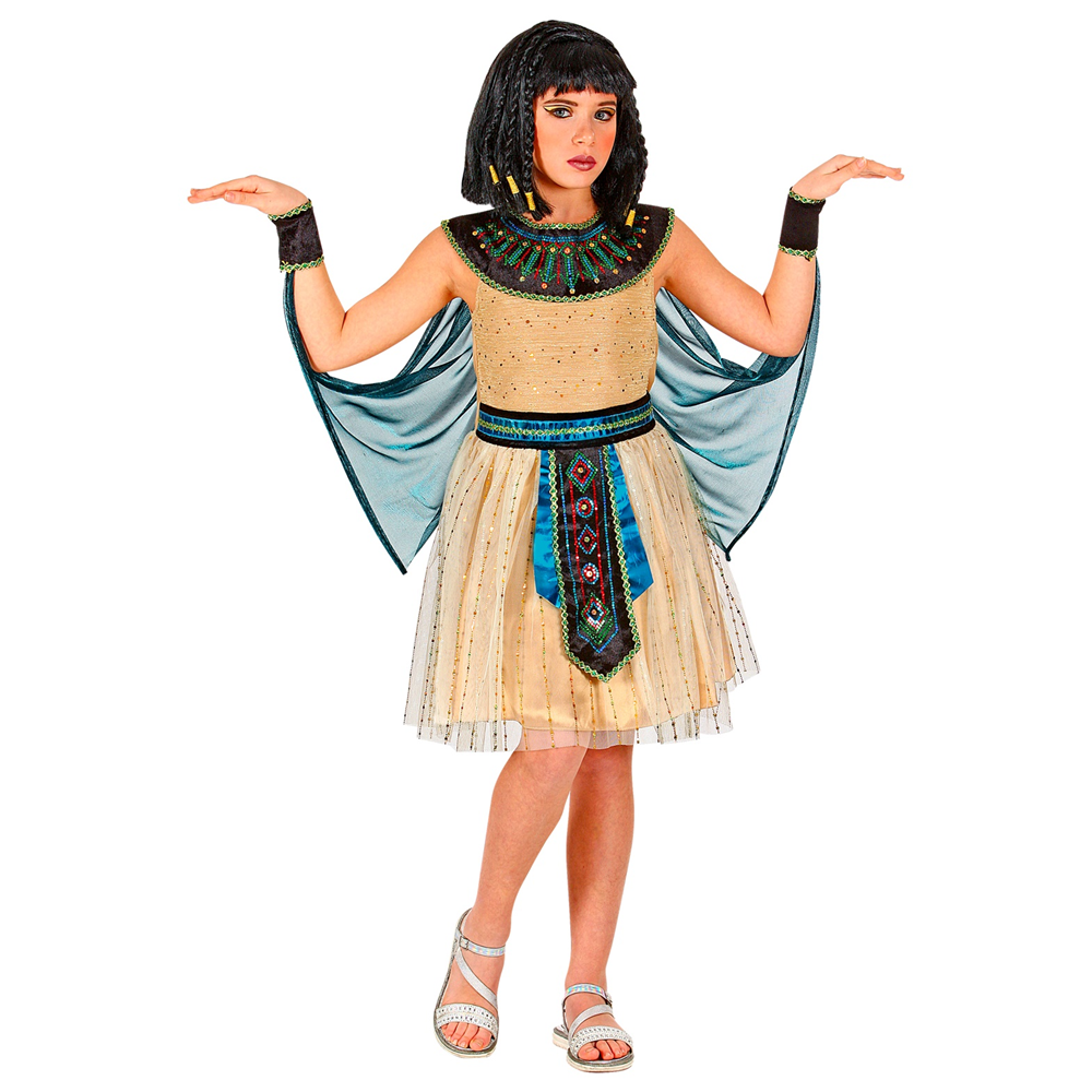 VESTITO CARNENALE + ACCESSORI REGINA EGIZIANA VESTITO BASTONE PARRUCCA TRAVESTIMENTO (8/10 ANNI)
