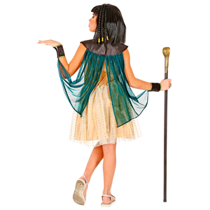 VESTITO CARNENALE + ACCESSORI REGINA EGIZIANA VESTITO BASTONE PARRUCCA TRAVESTIMENTO (8/10 ANNI)