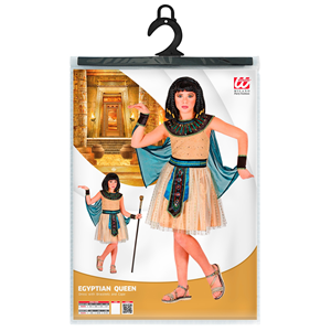 VESTITO CARNENALE + ACCESSORI REGINA EGIZIANA VESTITO BASTONE PARRUCCA TRAVESTIMENTO (8/10 ANNI)