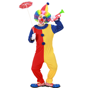 VESTITO CARNEVALE + ACCESSORI CLOWN COSTUME PARRUCCA TROMBA SET TRUCCO CON NASO 4/5 ANNI TRAVESTIMENTO - 0257+4044N+74590+2720T
