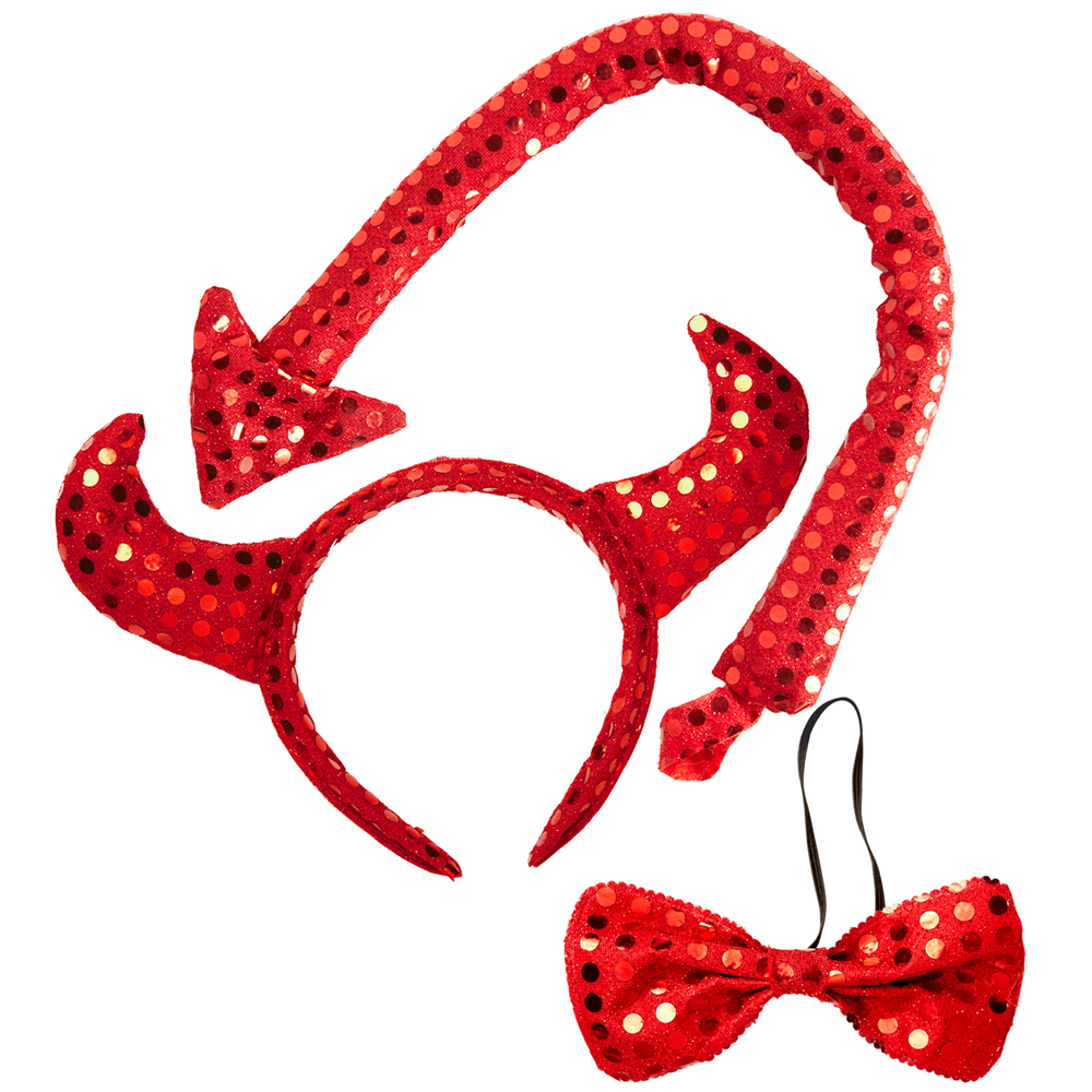 SET TRAVESTIMENTO - DIAVOLO IN PAILLETTES- CORNA, PAPILLON, PAPILLON - ACCESSORI ABITO VESTITO CARNEVALE ADULTO