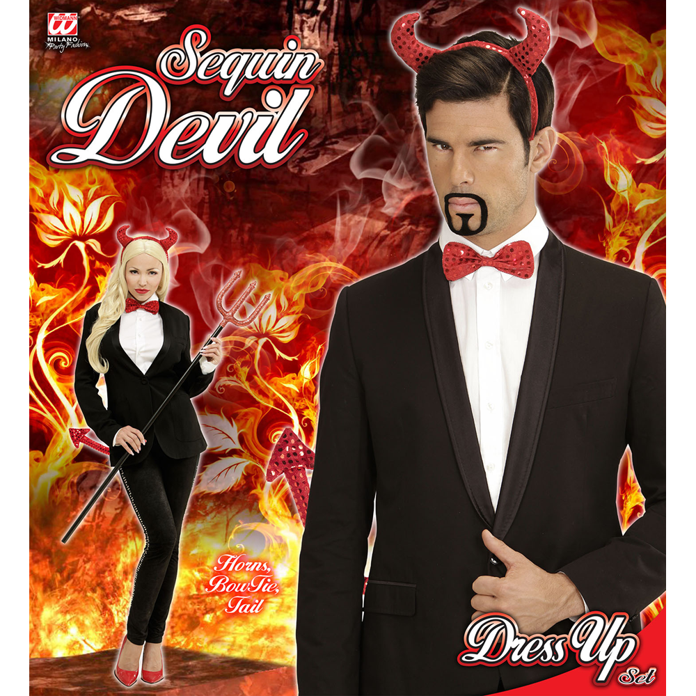 SET TRAVESTIMENTO - DIAVOLO IN PAILLETTES- CORNA, PAPILLON, PAPILLON - ACCESSORI ABITO VESTITO CARNEVALE ADULTO