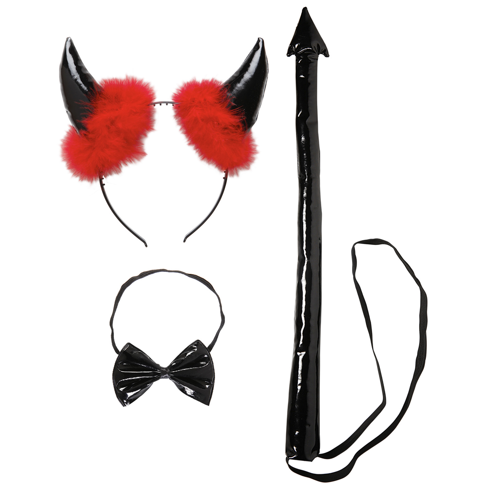 SET TRAVESTIMENTO - DIAVOLO NERO IN VINILE - CORNA, PAPILLON  E CODA - ACCESSORI ABITO VESTITO CARNEVALE ADULTO