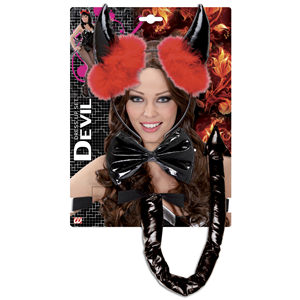 SET TRAVESTIMENTO - DIAVOLO NERO IN VINILE - CORNA, PAPILLON  E CODA - ACCESSORI ABITO VESTITO CARNEVALE ADULTO