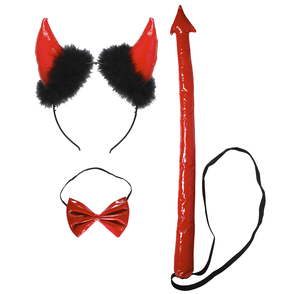 SET TRAVESTIMENTO - DIAVOLO ROSSO IN VINILE - CORNA, PAPILLON  E CODA - ACCESSORI ABITO VESTITO CARNEVALE ADULTO