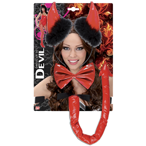 SET TRAVESTIMENTO - DIAVOLO ROSSO IN VINILE - CORNA, PAPILLON  E CODA - ACCESSORI ABITO VESTITO CARNEVALE ADULTO