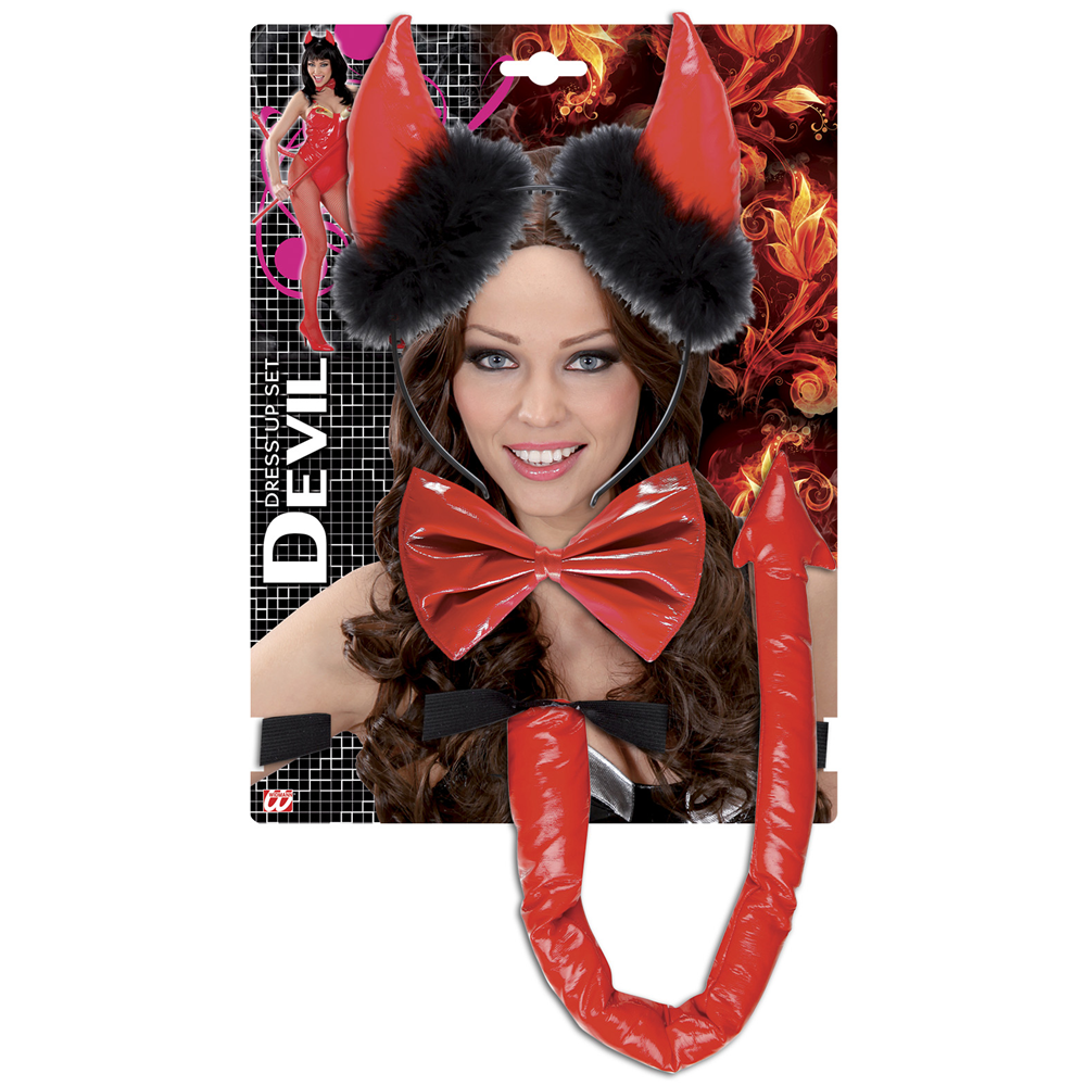 SET TRAVESTIMENTO - DIAVOLO ROSSO IN VINILE - CORNA, PAPILLON  E CODA - ACCESSORI ABITO VESTITO CARNEVALE ADULTO