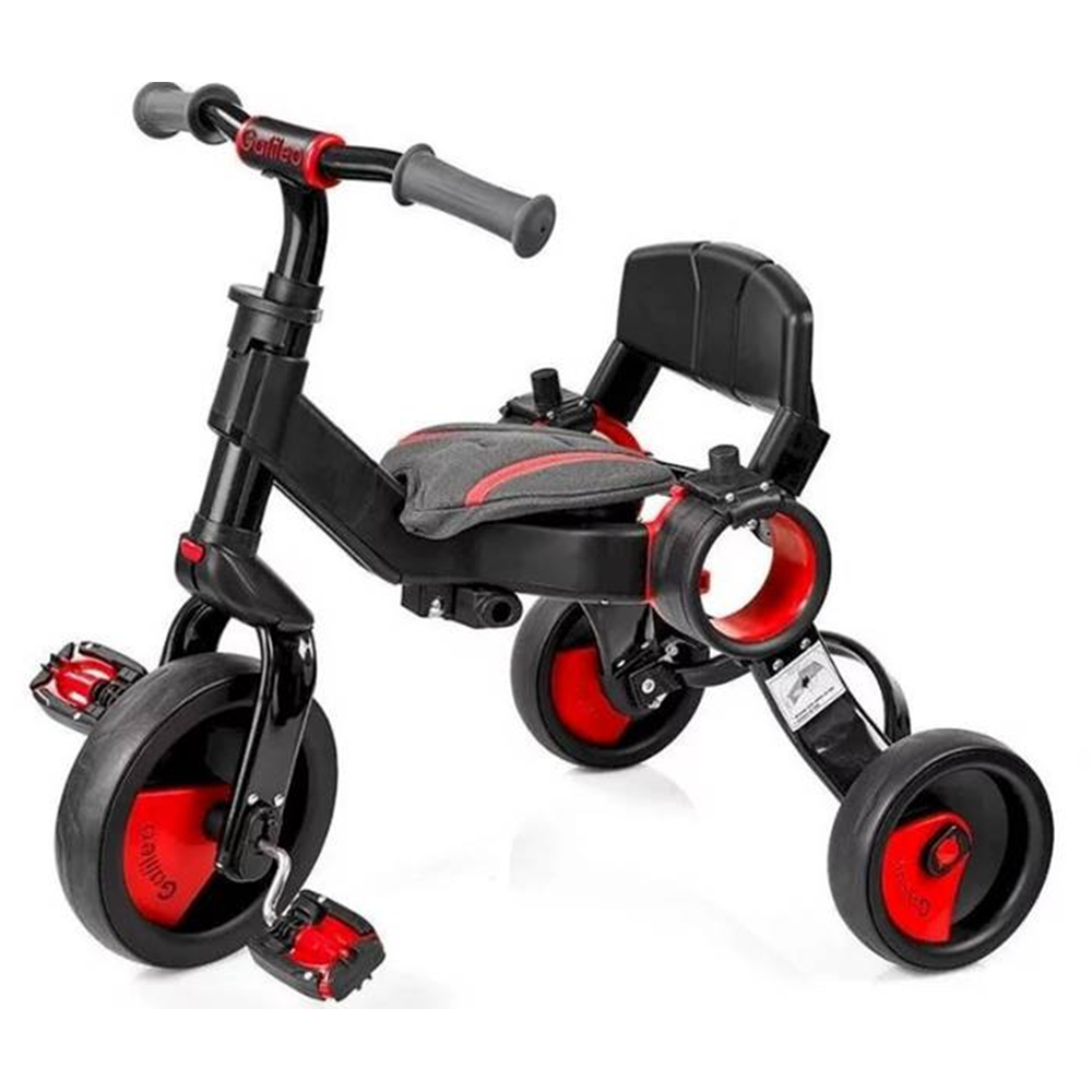 Triciclo Galileo - Bicicletta Passeggino Evolutivo - Pieghevole - 4 in 1 - Nero e Rosso - Età 1/3 Anni - 50516