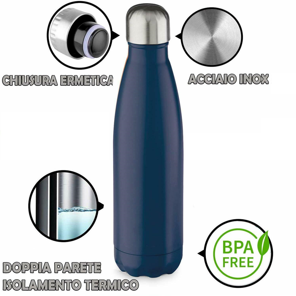 Bottiglia in Acciaio Inox 18/10 Thermos Doppia Parete - Beccuccio Stile Pet Colorata 500 Ml. - MPAS01/8