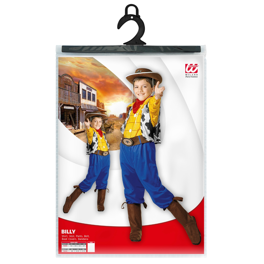 VESTITO CARNEVALE + ACCESSORI BILLY COWBOY COSTUME CAPPELLO PISTOLA CON FONDINA 8/10 ANNI TRAVESTIMENTO - 3833+2475K+9804C