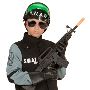 VESTITO CARNEVALE + ACCESSORI AGENTE SWAT COSTUME GIUBOTTO ANTIPROIETTILE FUCILE ELMO MANETTE 11/13 ANNI TRAVESTIMENTO - 5534+28225+7084M+2413D