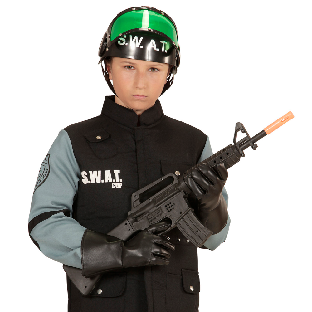 VESTITO CARNEVALE + ACCESSORI AGENTE SWAT COSTUME GIUBOTTO ANTIPROIETTILE FUCILE ELMO MANETTE 11/13 ANNI TRAVESTIMENTO - 5534+28225+7084M+2413D