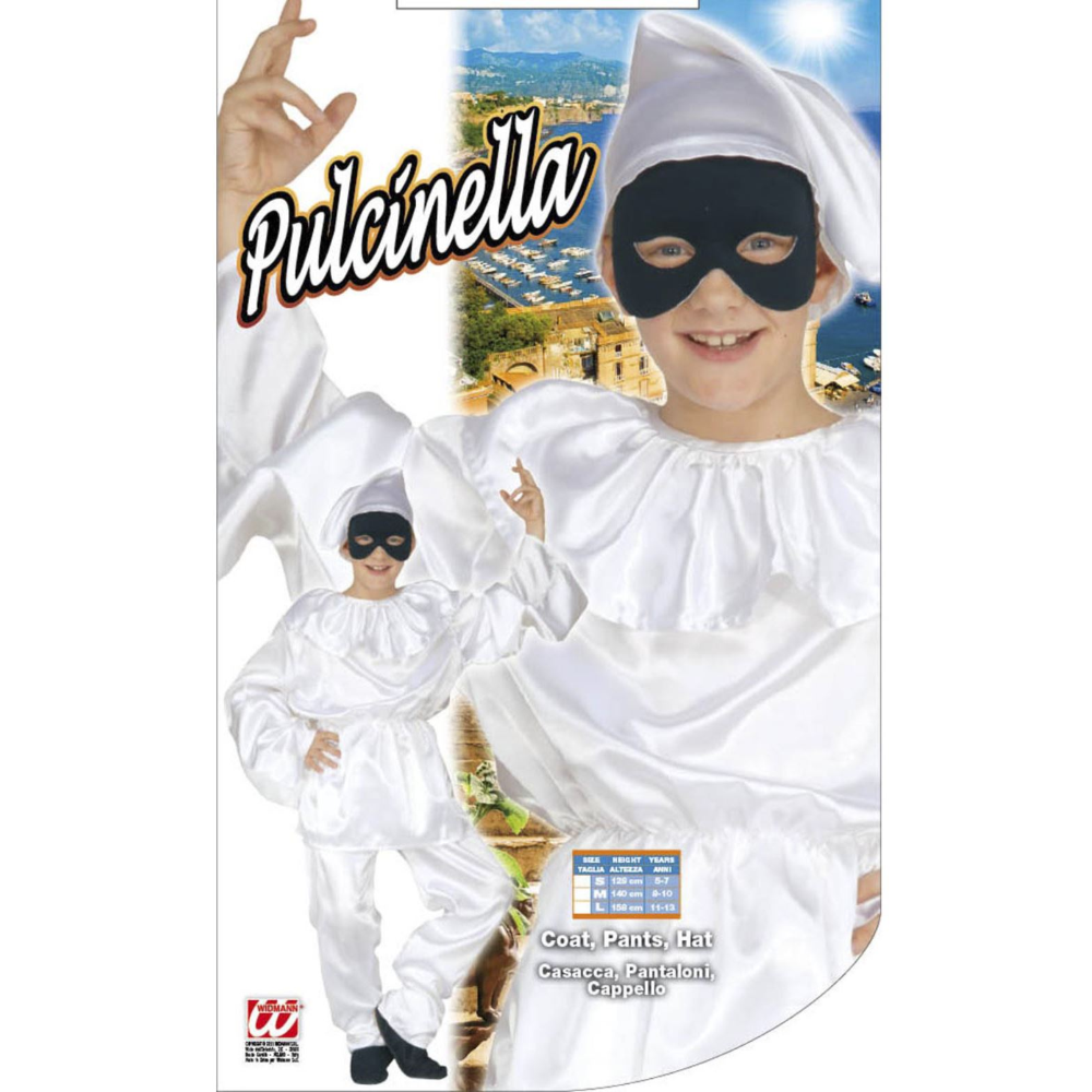 VESTITO CARNEVALE + ACCESSORI PULCINELLA COSTUME MASCHERA TRAVESTIMENTO (8/10 ANNI)