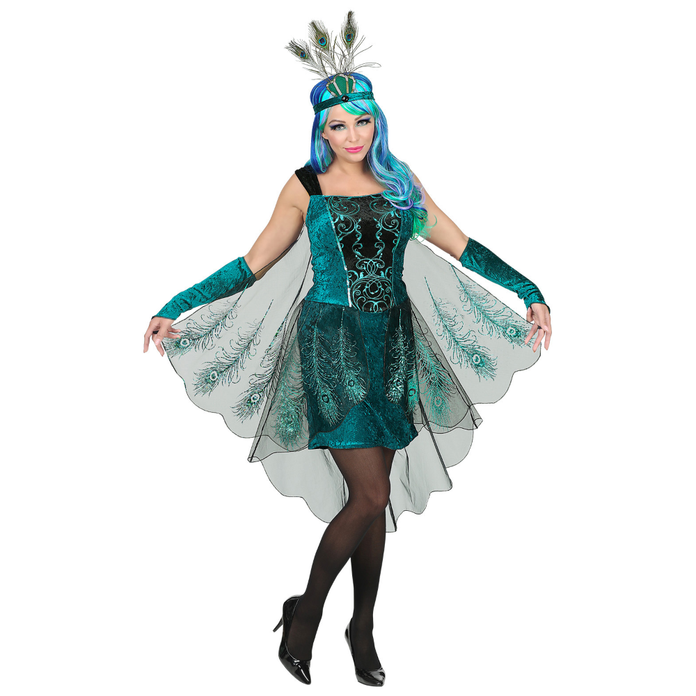 VESTITO CARNEVALE + ACCESSORI PAVONE ABITO COPRICAPO PARRUCCA TRAVESTIMENTO (M)