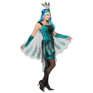 VESTITO CARNEVALE + ACCESSORI PAVONE ABITO COPRICAPO PARRUCCA TRAVESTIMENTO (M)