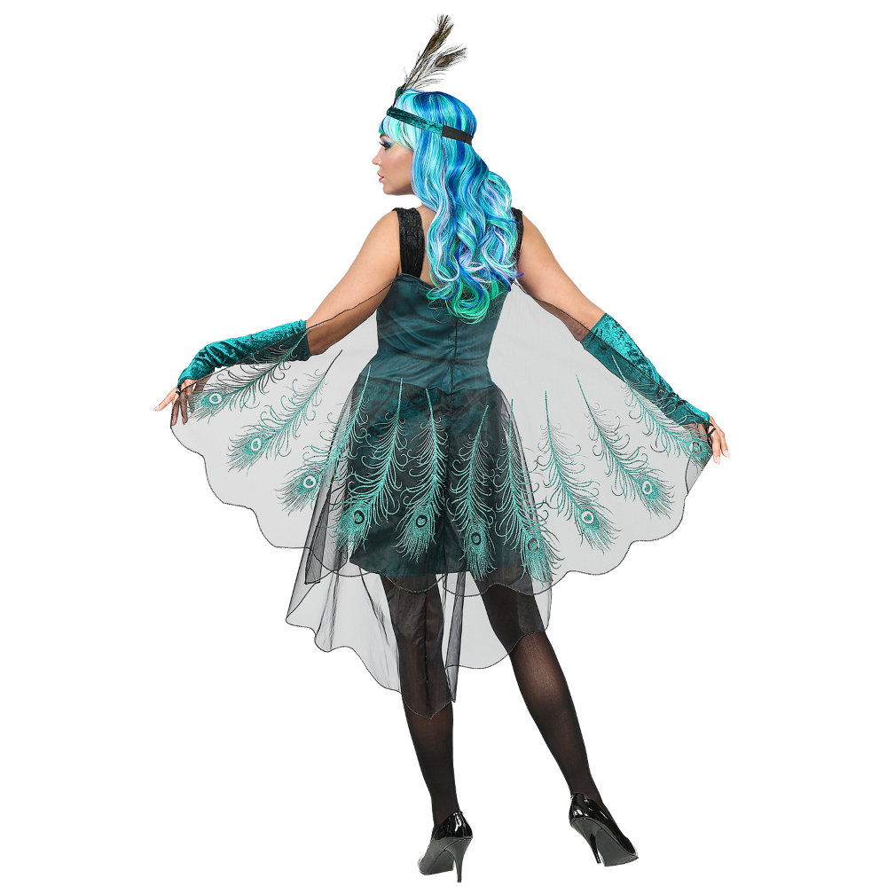VESTITO CARNEVALE + ACCESSORI PAVONE ABITO COPRICAPO PARRUCCA TRAVESTIMENTO (M)