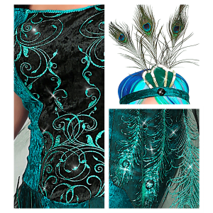 VESTITO CARNEVALE + ACCESSORI PAVONE ABITO COPRICAPO PARRUCCA TRAVESTIMENTO (M)