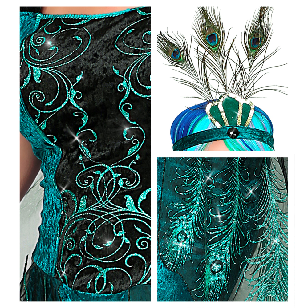 VESTITO CARNEVALE + ACCESSORI PAVONE ABITO COPRICAPO PARRUCCA TRAVESTIMENTO (M)