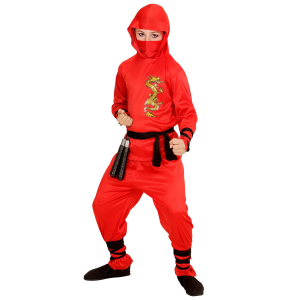 VESTITO CARNEVALE + ACCESSORI RED DRAGON NINJA COSTUME NUNCHAKU SPADA GIAPPONESE CON FODERO SPADA SAI TRAVESTIMENTO (8/10 ANNI)