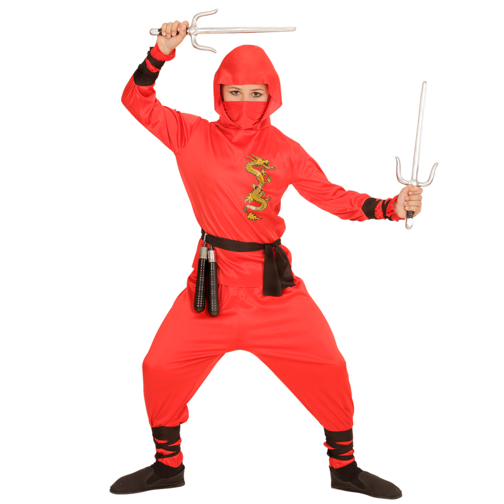VESTITO CARNEVALE + ACCESSORI RED DRAGON NINJA COSTUME SPADA SAI 2/3 ANNI TRAVESTIMENTO - 0133+8711S