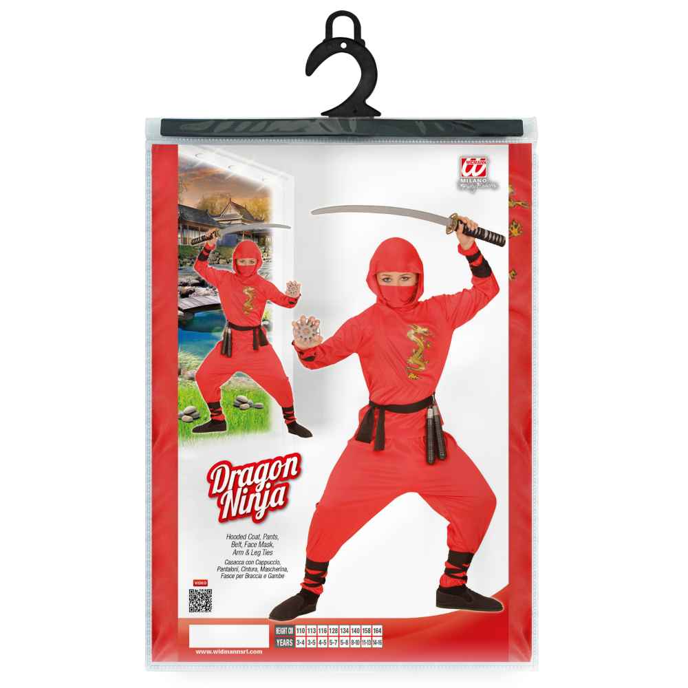 VESTITO CARNEVALE + ACCESSORI RED DRAGON NINJA COSTUME SPADA SAI 2/3 ANNI TRAVESTIMENTO - 0133+8711S