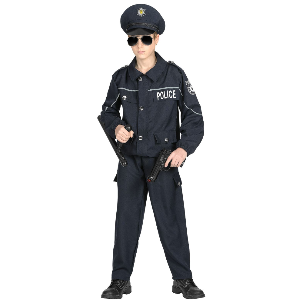 VESTITO CARNEVALE + ACCESSORI  POLIZIOTTO COSTUME PISTOLA MANGANELLO TRAVESTIMENTO 11/13 ANNI - 0446+2423P+2775P