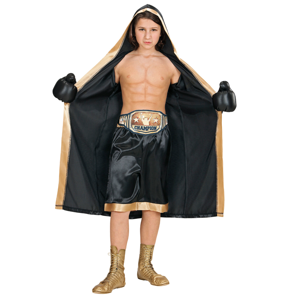 COSTUME VESTITO ABITO TRAVESTIMENTO CARNEVALE CAMPIONE DEL MONDO DI PUGILATO ACCAPPATOIO PANTALONCINI GUANTONI E CINTURA 8/16 ANNI - 1929