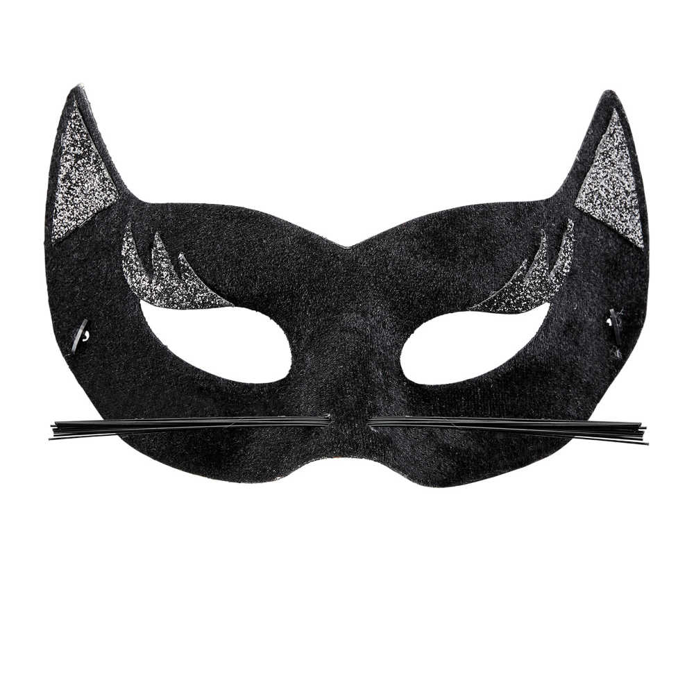 MASCHERA PANTERA NERA IN VELLUTO CON GLITTER ARGENTO ACCESSORI PER ABITO VESTITO TRAVESTIMENTO CARNEVALE BAMBINO