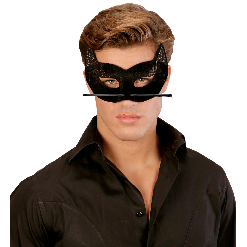 MASCHERA PANTERA NERA IN VELLUTO CON GLITTER ARGENTO ACCESSORI PER ABITO VESTITO TRAVESTIMENTO CARNEVALE BAMBINO