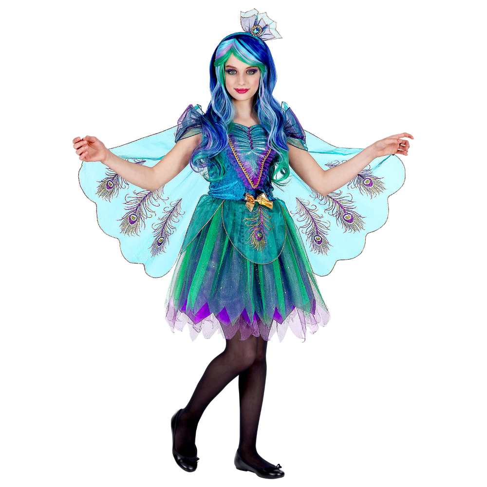 VESTITO CARNEVALE + ACCESSORI PAVONE ABITO COPRICAPO PARRUCCA TRAVESTIMENTO (11/13 ANNI)