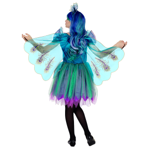 VESTITO CARNEVALE + ACCESSORI PAVONE ABITO COPRICAPO PARRUCCA TRAVESTIMENTO (11/13 ANNI)