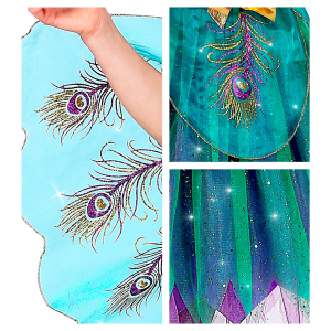 VESTITO CARNEVALE + ACCESSORI PAVONE ABITO COPRICAPO PARRUCCA TRAVESTIMENTO (11/13 ANNI)
