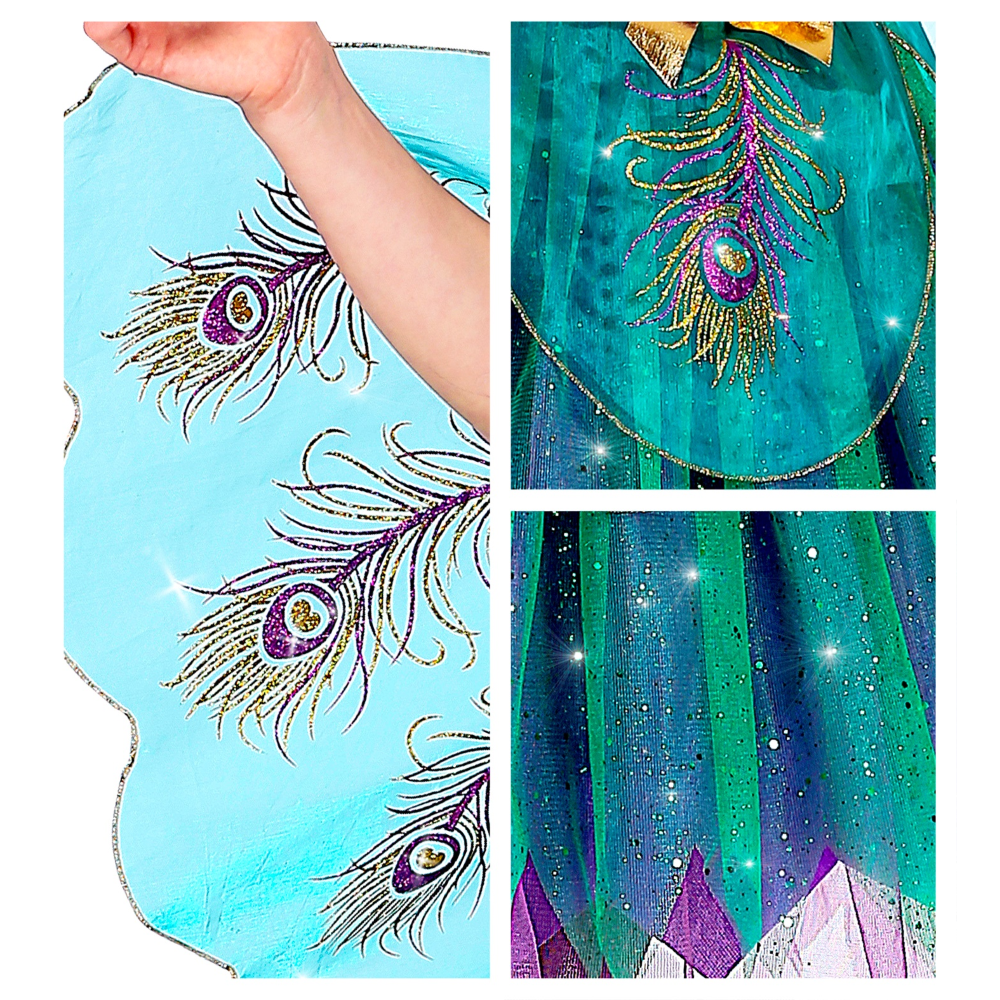 VESTITO CARNEVALE + ACCESSORI PAVONE ABITO COPRICAPO PARRUCCA TRAVESTIMENTO (11/13 ANNI)