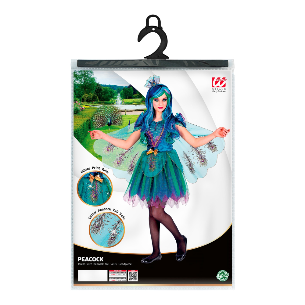 VESTITO CARNEVALE + ACCESSORI PAVONE ABITO COPRICAPO PARRUCCA TRAVESTIMENTO (11/13 ANNI)