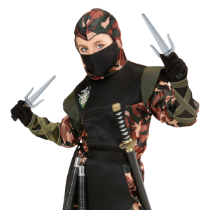 VESTITO CARNEVALE + ACCESSORI SUPER NINJA MUSCOLOSO COSTUME NUNCHAKU SPADA GIAPPONESE CON FODERO SET ARMI 11/13 ANNI TRAVESTIMENTO - 0052+6766N+2728Q+01025